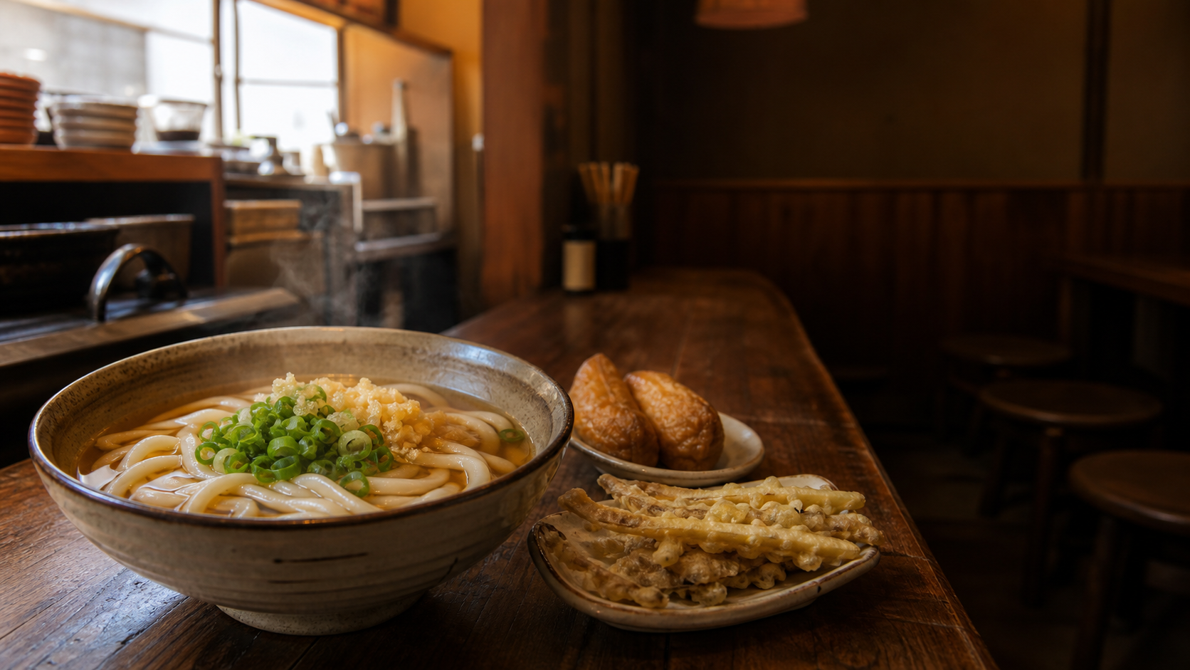 湯気の立つうどんとごぼう天、いなり寿司のイメージ